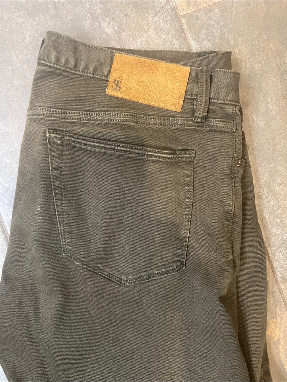 Todd Snyder Slim Olive Jeans with Tan Suede Patch